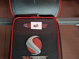 a red and black seat cushion with a logo on it