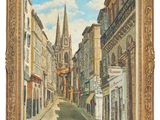 an oil painting of a city street with a church steeple in the background