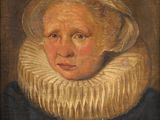 an old painting of a woman wearing a white bonnet and a black dress