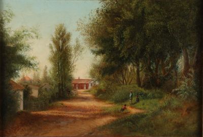 tableau représentant une route de campagne avec une maison rouge au loin