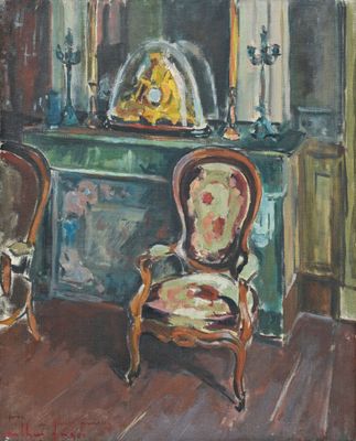 tableau représentant un tableau représentant une chaise et une table dans une pièce