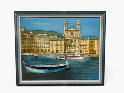 a painting of a boat on the water in front of a building