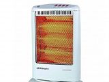 a white electric heater sitting on top of a white table