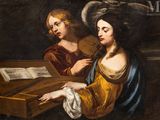 painting of two women playing a musical instrument in front of a piano
