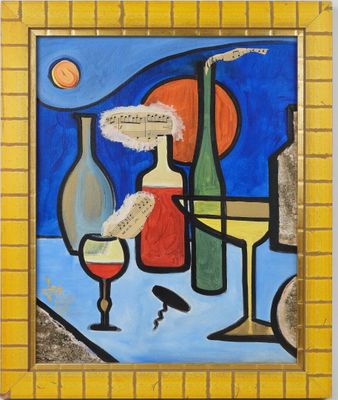 une peinture représentant une bouteille de vin, un verre de vin et une bouteille de vin