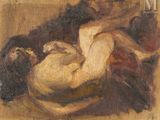 une peinture à l'huile représentant une femme allongée sur une couverture