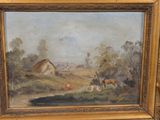 a painting of cows in a field with a house in the background