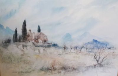 a picture of a painting of a house in the middle of a field