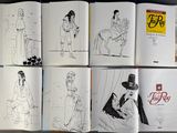 sketches of a man and woman sitting on a bench in front of a book