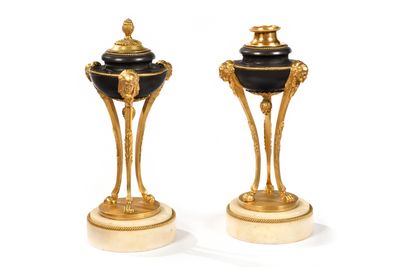 une paire de vases noirs et dorés posés sur des socles en marbre, disposés sur une surface blanche