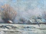 painting of a snow covered field with trees and a barn in the distance