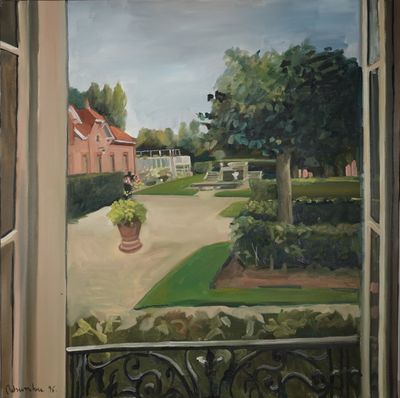 un tableau représentant une vue sur un jardin depuis une fenêtre