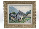 an image of a painting of a village with a mountain in the background
