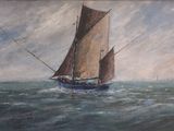 a painting of a boat in the water with a sky background