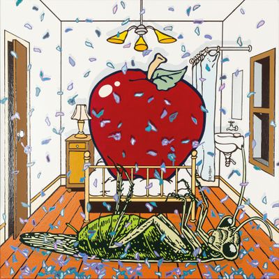une peinture représentant une pomme posée sur un lit, dans une pièce où des confettis tombent du plafond