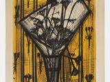 un dessin représentant un vase rempli de fleurs posé sur une table