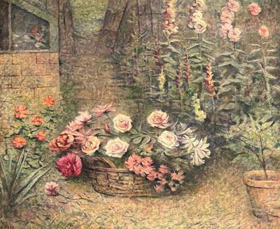 un tableau représentant un panier de fleurs dans un jardin