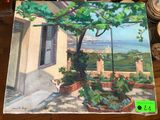 une photo d'un tableau représentant une maison avec un chat sous le porche