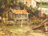 a painting of a group of people by a house