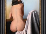 painting of a nude woman sitting on a table with a towel