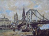 une peinture représentant un pont au-dessus d'une étendue d'eau