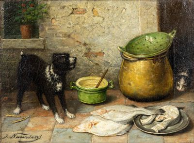 un tableau représentant un chien debout à côté d'une casserole et d'une assiette de poisson