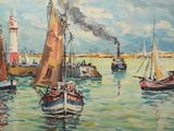 many boats in the water with a lighthouse in the background
