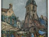an oil painting of a market scene with a church steeple in the background