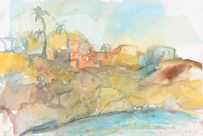 une aquarelle représentant une petite ville perchée sur une colline