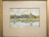 an image of a painting of a river with trees in the background