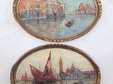 two paintings of boats on a body of water with buildings in the background