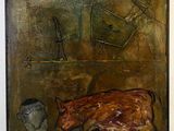 a painting of a cow and a man in a room