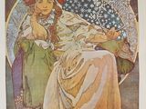 an old poster of a woman sitting on a chair with flowers in her hair