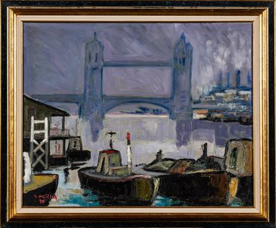 painting of a painting of a bridge and boats in a harbor