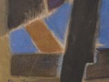 an oil painting of a cross with a blue sky in the background