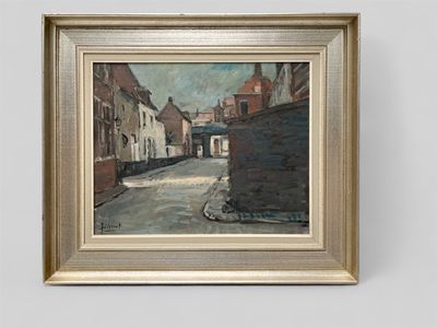 an image of a painting of a street with buildings in the background