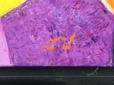 purple and yellow painting with the word stop written on it