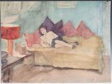 a watercolor painting of a woman laying on a bed