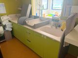 two sinks in the bathroom with green cabinets and white counter tops