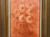an oil painting of a vase with flowers in it on a table