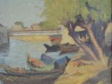 a painting of boats on the water near a bridge