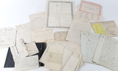 many old papers are piled on top of each other