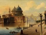 un tableau représentant une vue de ville avec un bateau sur l'eau