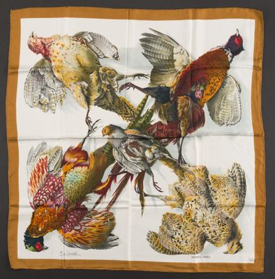 silk scarf with pheasants and pheasants on a white background