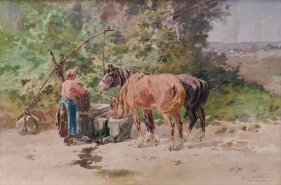 un tableau représentant un homme debout à côté d'un cheval
