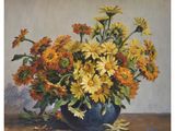 a painting of flowers in a blue vase on a table