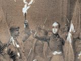 a drawing of a man holding a sword in front of a group of people