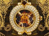 a picture of a gold clock with diamonds on it