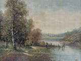 a painting of a man and a dog by the water