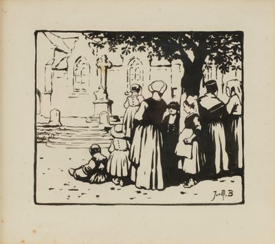 une image représentant un dessin en noir et blanc d'un groupe de personnes devant un bâtiment